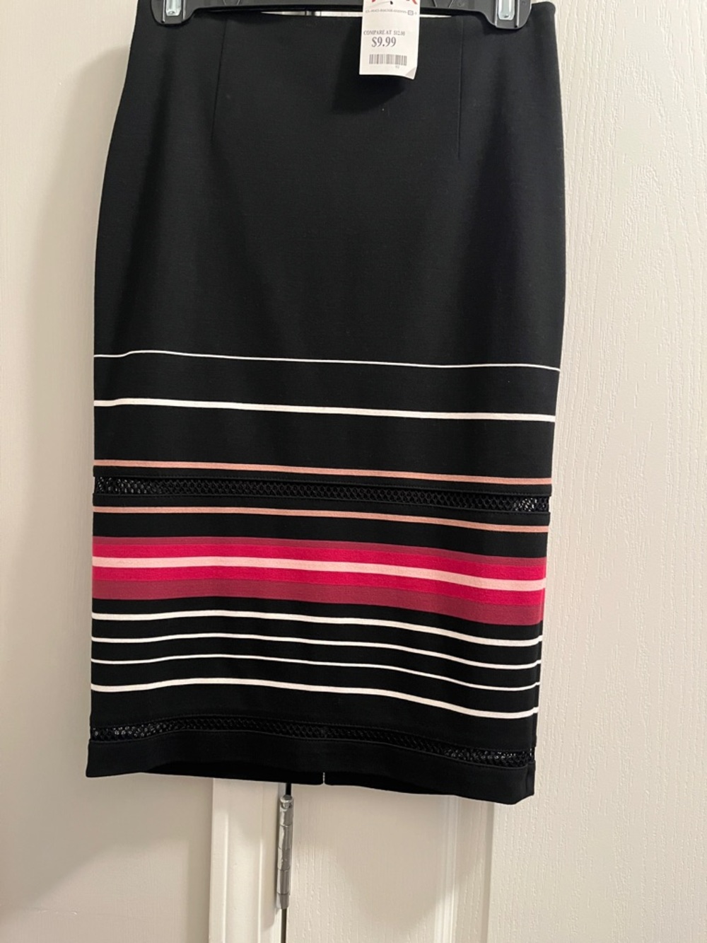 White House Black Market Black Pencil Skirt with Pink & White Stripes